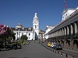 Ecuador Quito 02-06 Old Quito Plaza Grande Presidential Palace And El Panecillo Here is a view of El Panecillo with its statue of the Virgin Mary taken from the Presidential Palace at Plaza Grande in Old Quito.